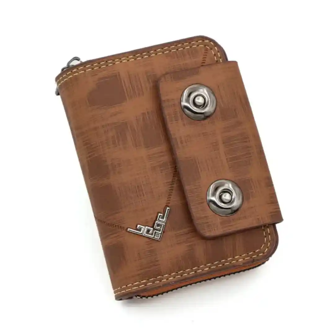 Men Wallet. Men’s Stylish PU Leather Wallet with Zipper & Button Lock – Brown
