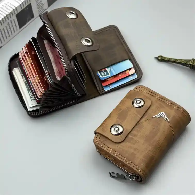 Men Wallet. Men’s Stylish PU Leather Wallet with Zipper & Button Lock – Brown