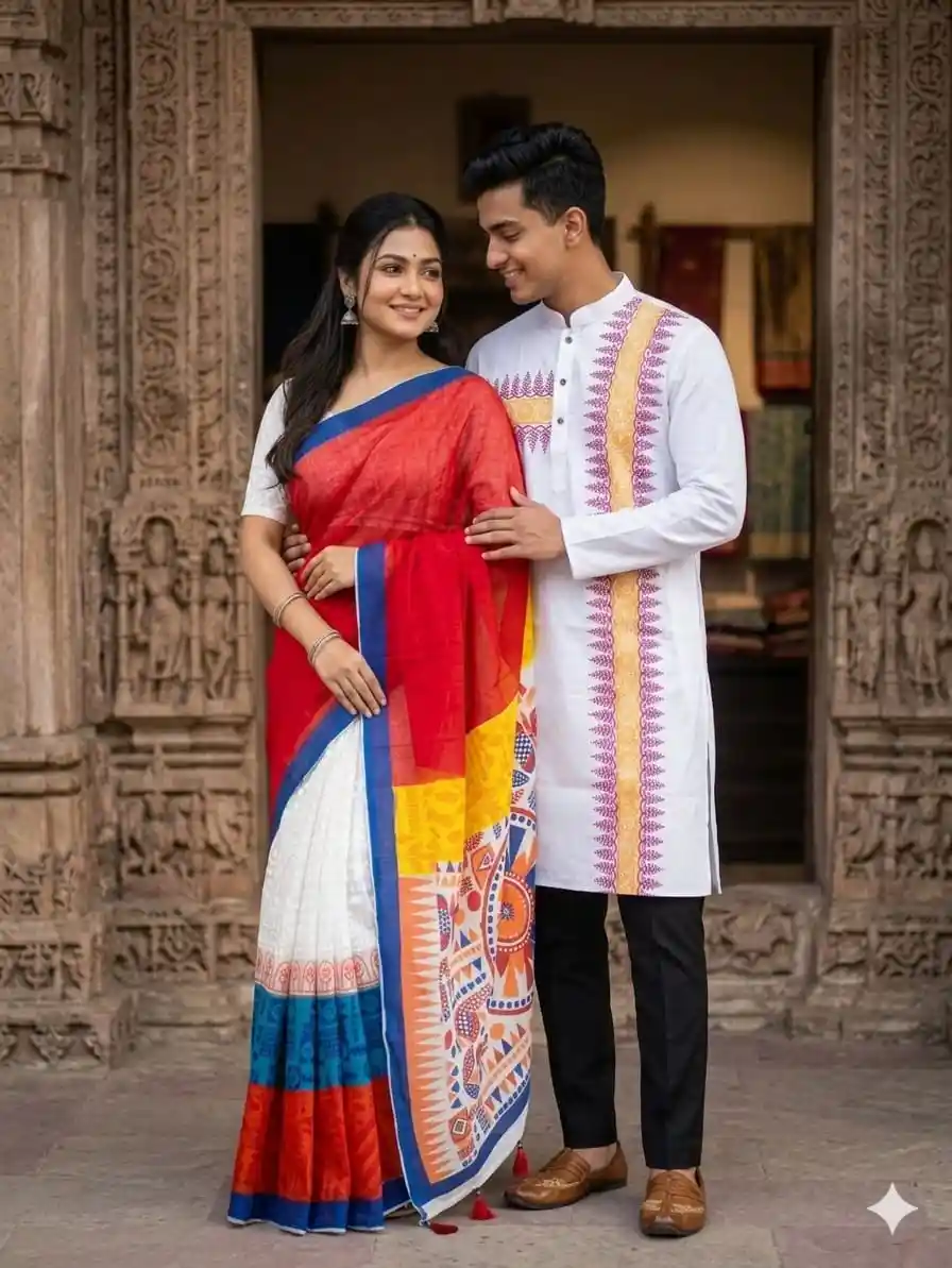 Boishakhi Couple Dress Sharee & Panjabi Set | Premium Saree & Silk Panjabi BD | Globalix Fashonix