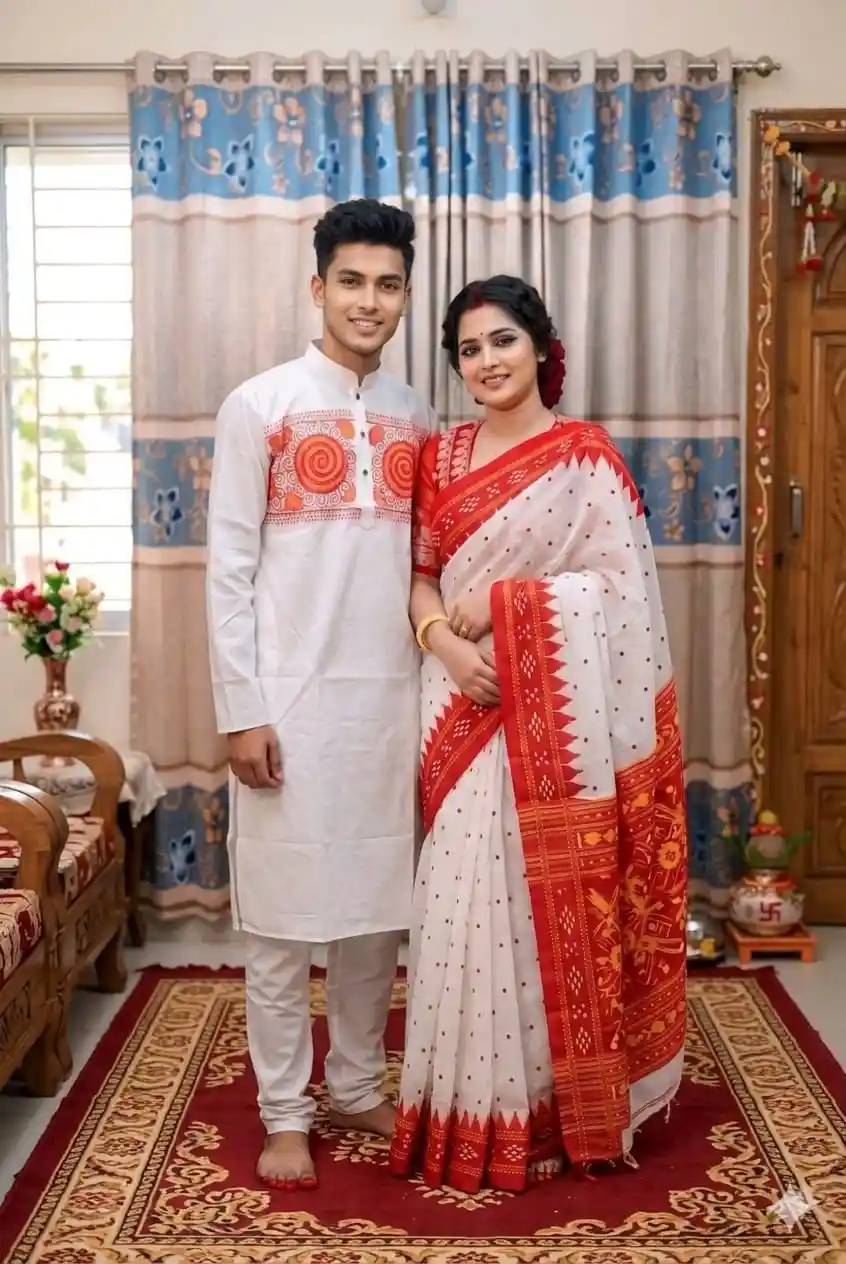 Boishakhi Couple Dress Sharee & Panjabi Set | Premium Saree & Silk Panjabi BD | Globalix Fashonix