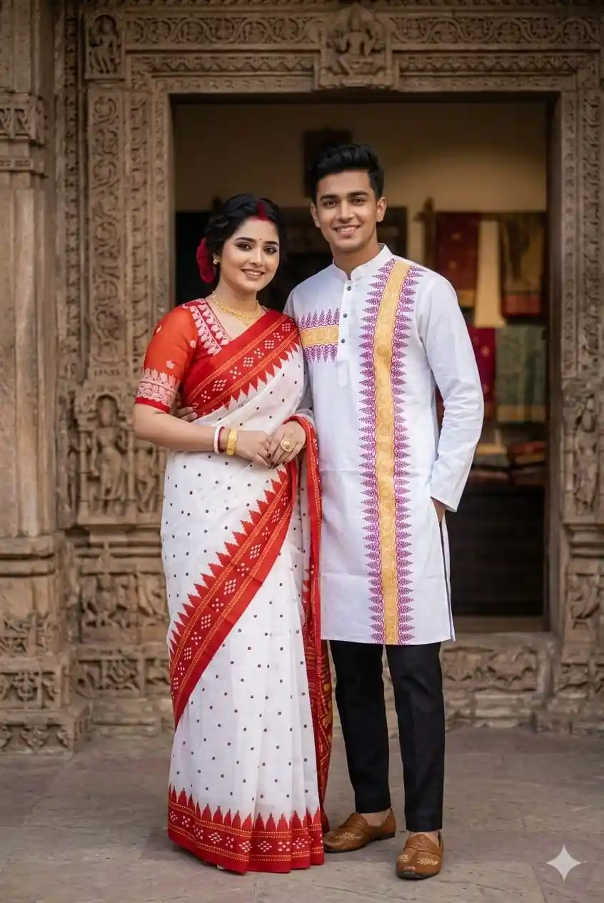 Boishakhi Couple Dress Sharee & Panjabi Set | Premium Saree & Silk Panjabi BD | Globalix Fashonix