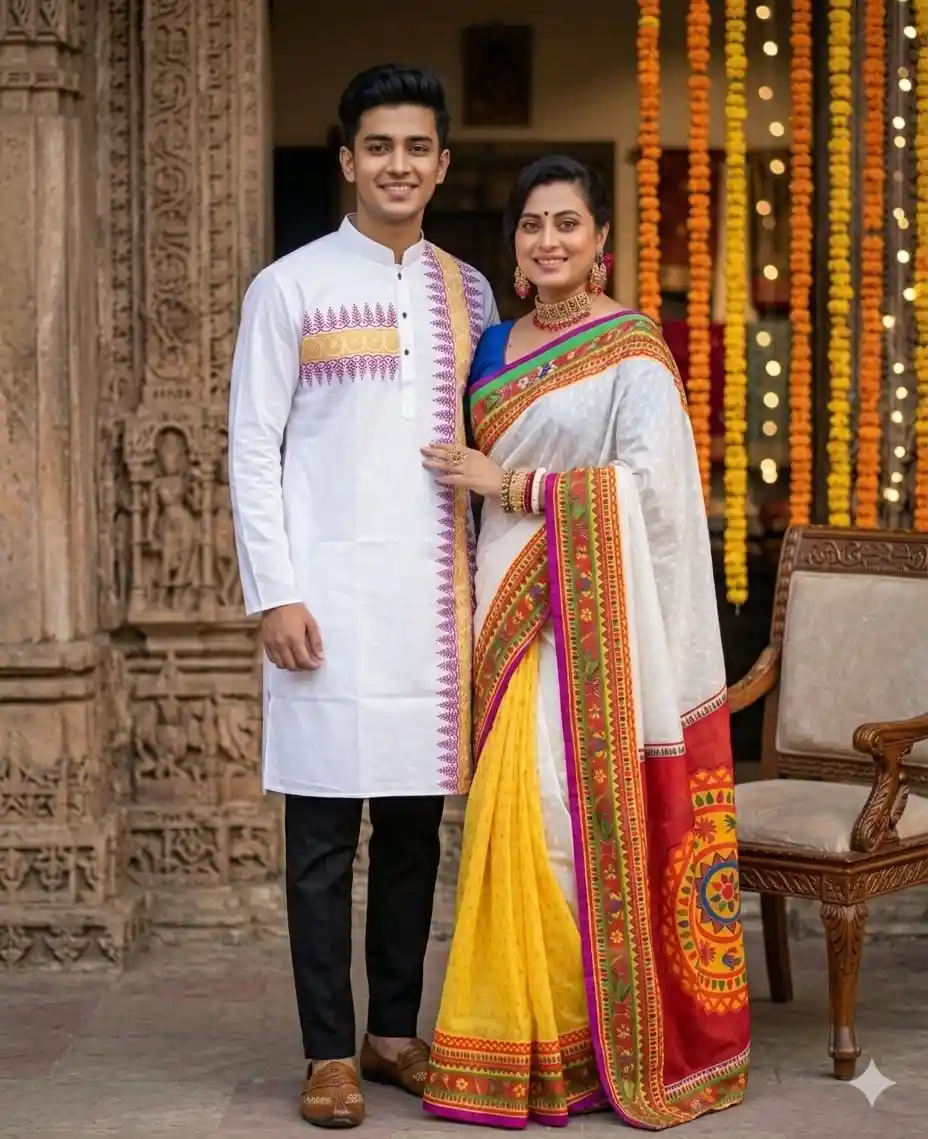 Boishakhi Couple Dress Sharee & Panjabi Set | Premium Saree & Silk Panjabi BD | Globalix Fashonix