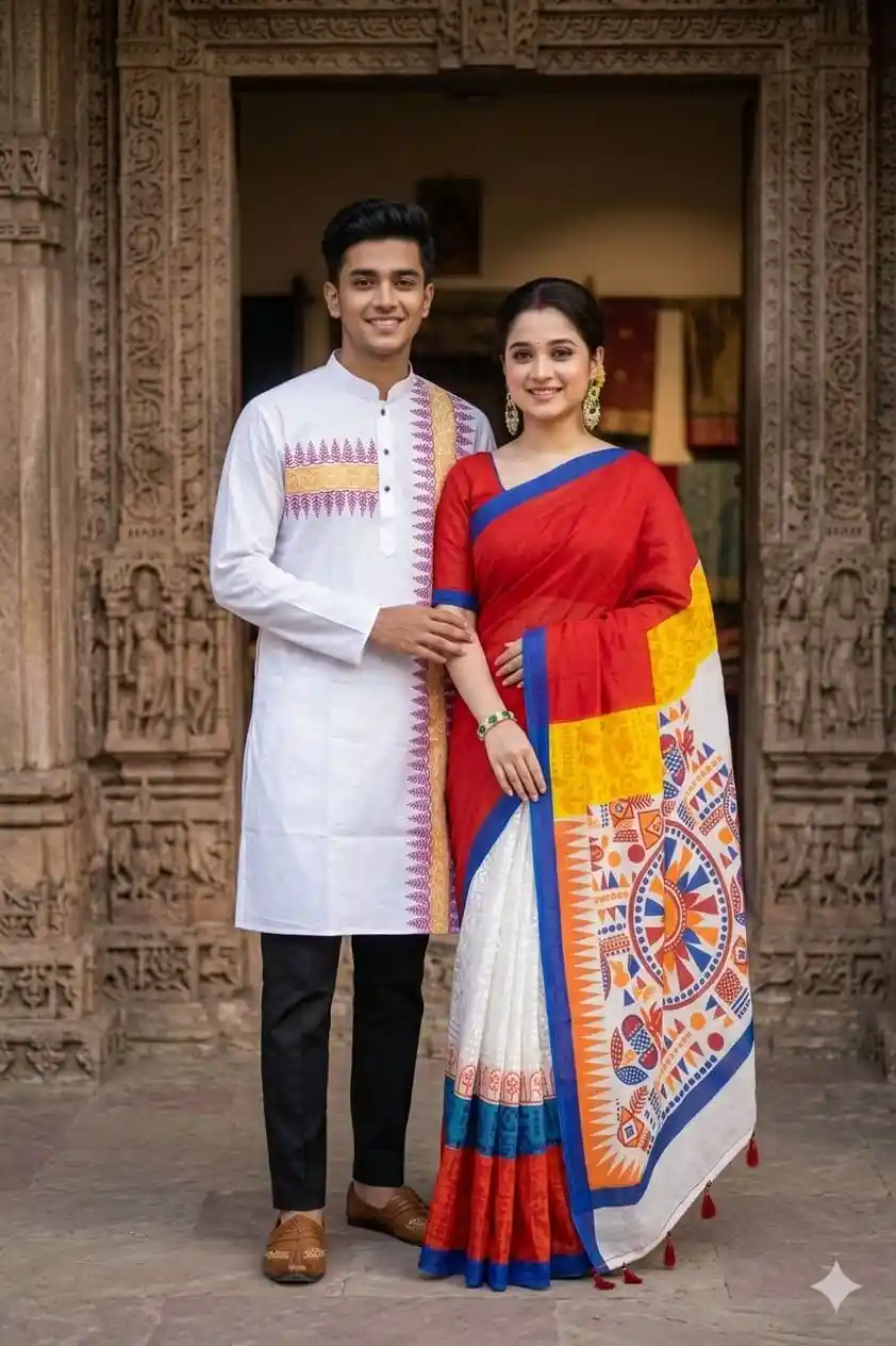 Boishakhi Couple Dress Sharee & Panjabi Set | Premium Saree & Silk Panjabi BD | Globalix Fashonix